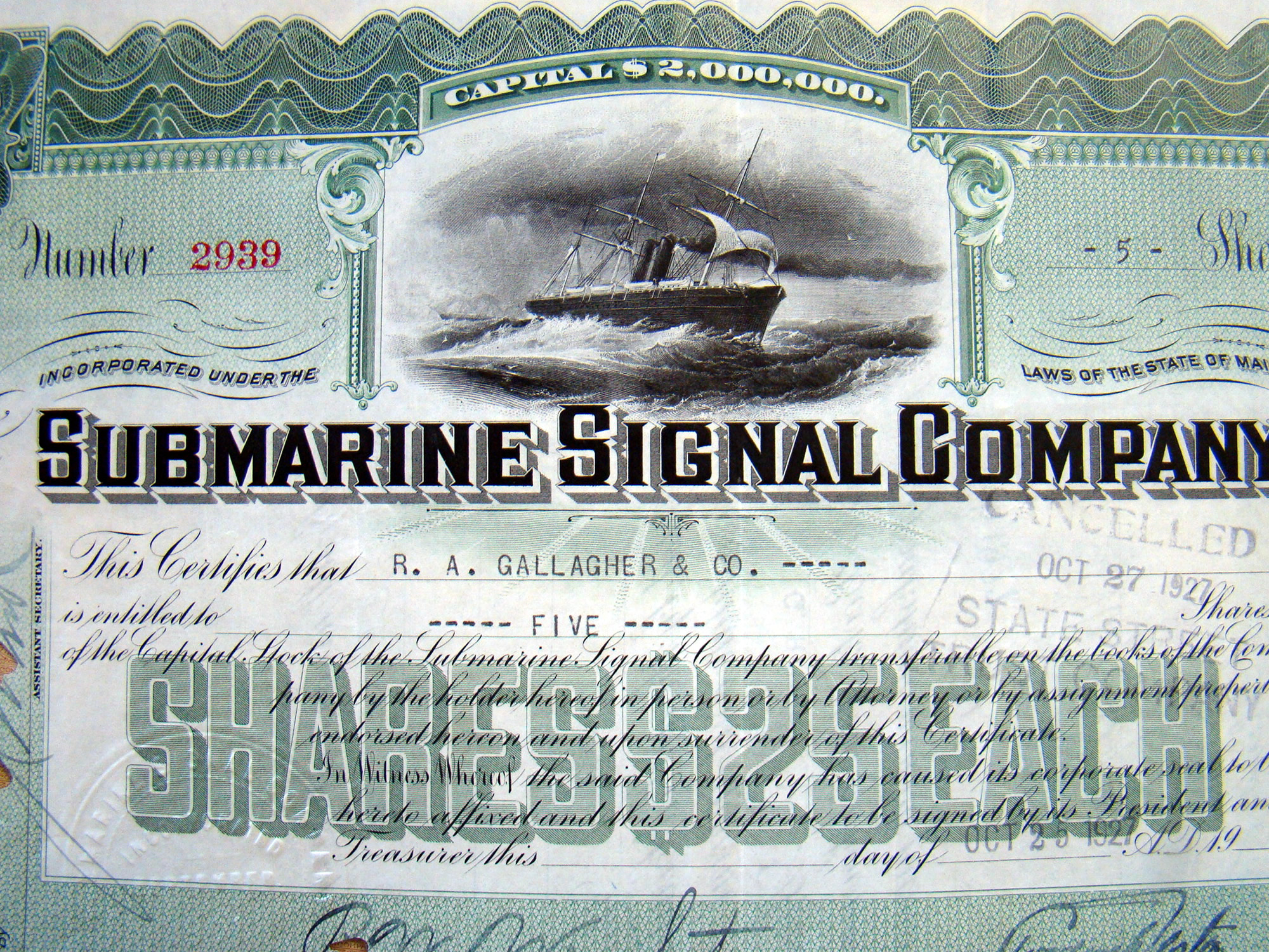 Submarine Signal Company Stock Certificate Maine 